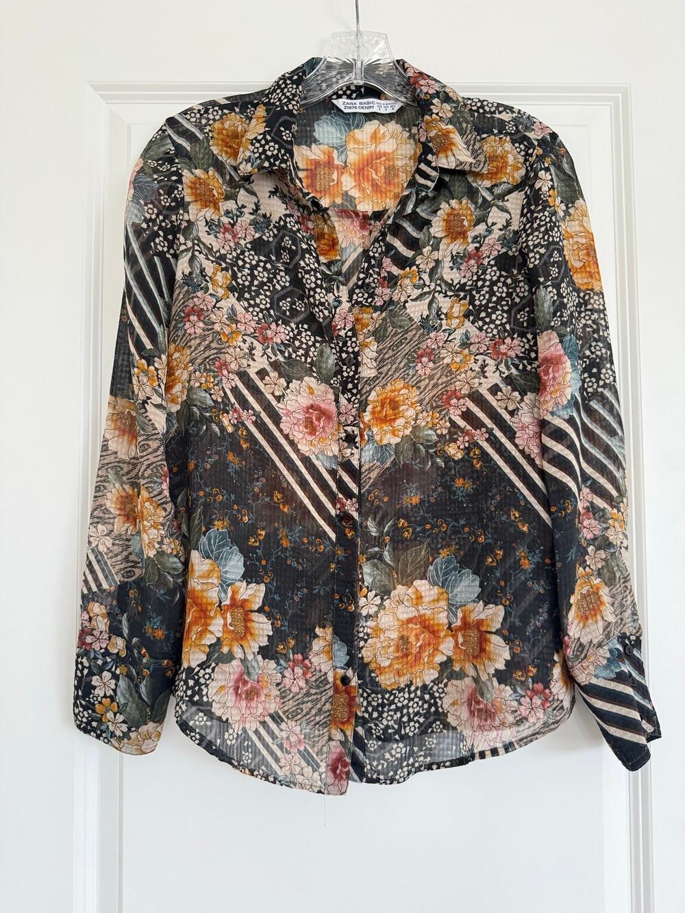Zara Button Down Shirt in Printed Chiffon FLoral Stripes Size S